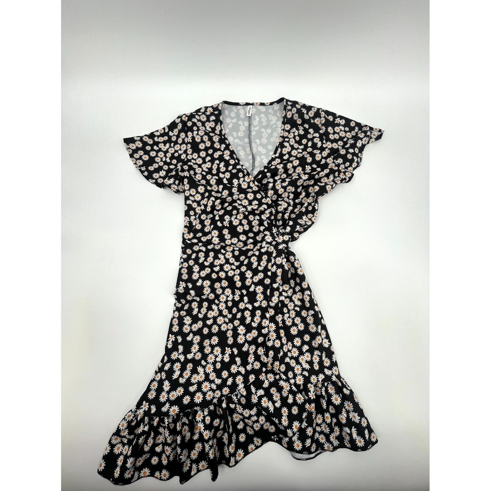 Naggoo Mini Dress Women Large Black White Daisy Floral Flutter Sleeve Ruffle Hem
